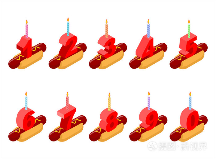 热狗和生日号码蜡烛。 生日快餐