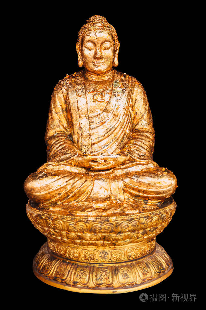 亚洲古代金佛静坐冥想在黑色与修剪路径隔离