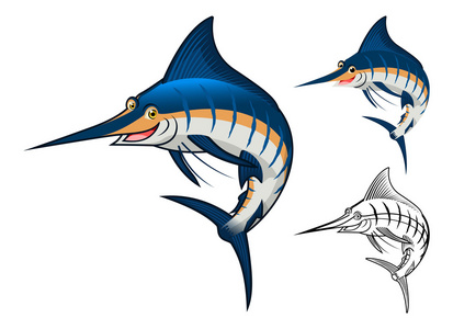 高品质蓝色马林鱼卡通人物包括平面设计