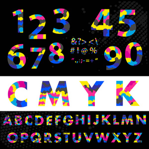cmyk 字体字样。由堆青色洋红和黄色