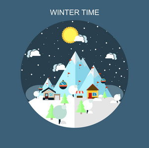 冬季时间景观在平面设计与 funiculars, 山, 房子和雪。雪时间概念背景
