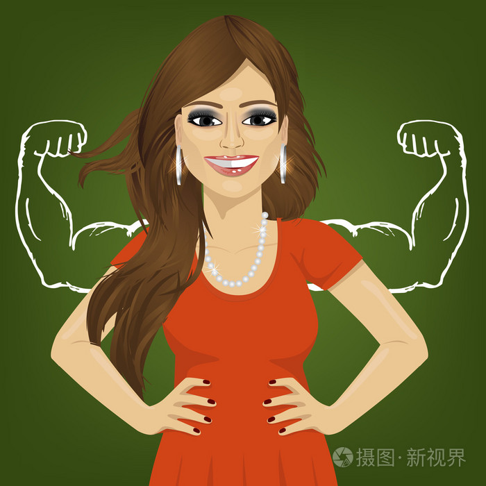 强壮的胳膊肌肉双手叉腰站着的女人现实vs野心一厢情愿概念