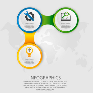 现代矢量插画3d。模板圆信息与三元素。设计用于业务演示web 设计带有3步骤选项部件或流程的图表。创意理念