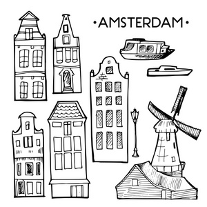 背景与手绘涂鸦阿姆斯特丹的房子。孤立的和白色。插画矢量