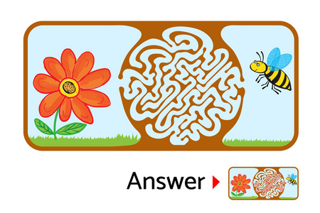 蜜蜂和花的孩子的迷宫游戏。解决方案包括迷宫图