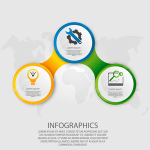 现代矢量插画3d。模板圆信息与三元素。设计用于业务演示web 设计带有3步骤选项部件或流程的图表。创意理念