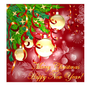 一个方形的红色圣诞背景与雪花, 针叶树枝装饰金色的球, 星星, 丝带。快乐的圣诞节和新年的题词