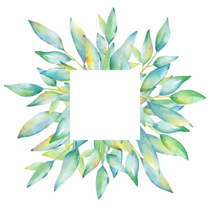 花卡设计的方形模板。水彩手画绿色与蓝色和黄色叶子和分支隔绝在白色背景