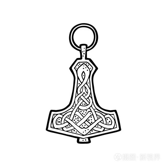 插画 雷神锤吊坠与维京符文.老式矢量黑色雕刻.eps