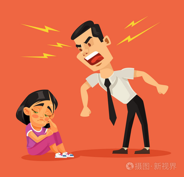 父亲骂他的女儿.矢量平面卡通插画