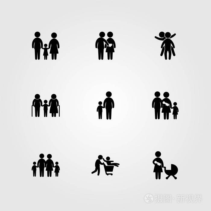 人图标设定向量.爷爷, 两个孩子在玩, 爸爸和妈妈带着婴儿