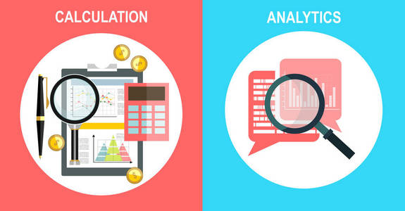 计算概念。商人会计师数据分析向量图标, 分析信息统计, 搜索优化, 调查过程