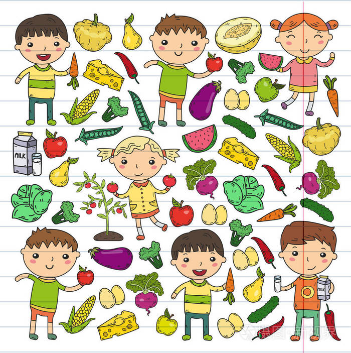 幼儿园托儿所的孩子们吃健康的食物男孩和女孩的水果和蔬菜.