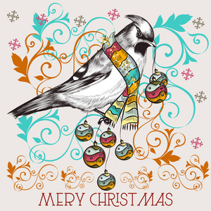 圣诞可爱矢量贺卡与鸟复古风格