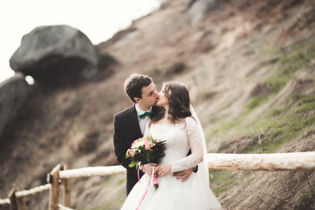 快乐婚礼情侣接吻和拥抱附近的高高的悬崖