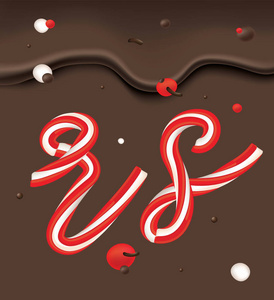 圣诞糖果字母设置巧克力背景。棒糖字体。圣诞节和新年贺卡模板。甜点排版。特写矢量插图