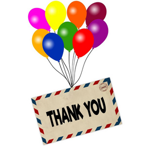 谢谢你在白色背景上被隔离的彩色气球拉的信封插画