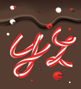 圣诞糖果字母设置巧克力背景。棒糖字体。圣诞节和新年贺卡模板。甜点排版。特写矢量插图