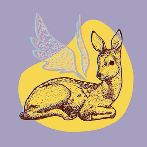 鹿与背景为紫色的翅膀照片