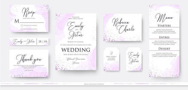婚礼请柬感谢您, rsvp 菜单卡设计集与抽象水彩装饰在轻嫩尘土飞扬的粉红色, 玫瑰色和紫罗兰色在白色背景。矢量时尚现代浪漫艺术