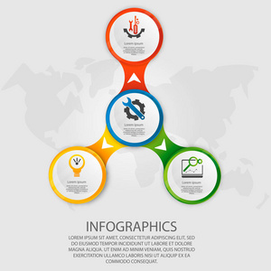 现代矢量插画3d。模板圆信息与四元素。设计用于业务演示web 设计带有4步骤选项部件或流程的图表。创意理念