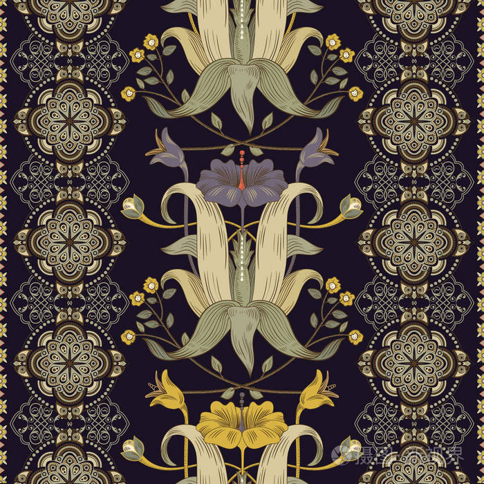 垂直无缝图案, 维多利亚风格.复古花卉壁纸