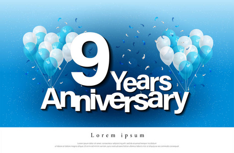 第九年周年纪念贺卡刻字模板与气球和五彩纸屑。设计邀请卡, 横幅, 网站, 标题和传单。矢量插画