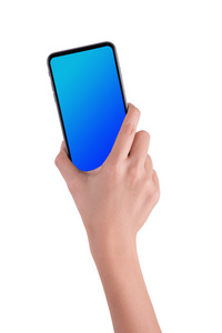 手拿着板女人手拿着手机平板分离在白色背景上照片