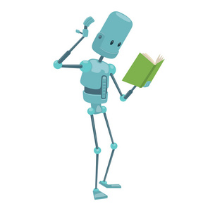 有趣的浅蓝色机器人与绿色书