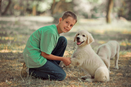 猎犬可爱的场景帅少年男孩享受暑假与最好的朋友狗象牙白色拉布拉多小狗。地无忧无虑的童年生活在梦幻世界