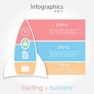 信息图表火箭的插图。三个步骤