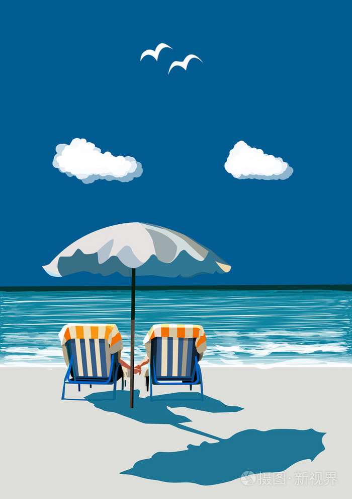 海滩幸福夫妇坐在伞下的躺椅上