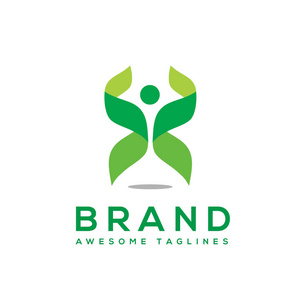 抽象人健康标志和抽象有机叶标志, 叶标志生态图形创意模板, 环境