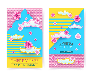 剪纸横幅集与樱花, 日本人樱花树开花。矢量图形设计