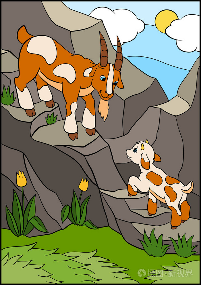 孩子们的卡通农场动物.父亲与他的小山羊山羊