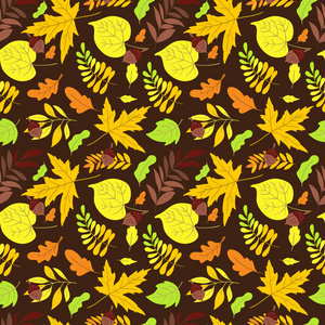 矢量无缝模式与橡木, 枫树, 白杨叶和植物的背景。完美的墙纸, 礼品纸, 秋季贺卡