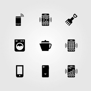 购物矢量图标集。叉子水壶洗衣机和智能手机