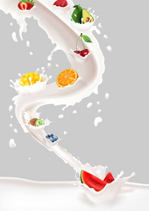 牛奶飞溅与果子混合在白色背景
