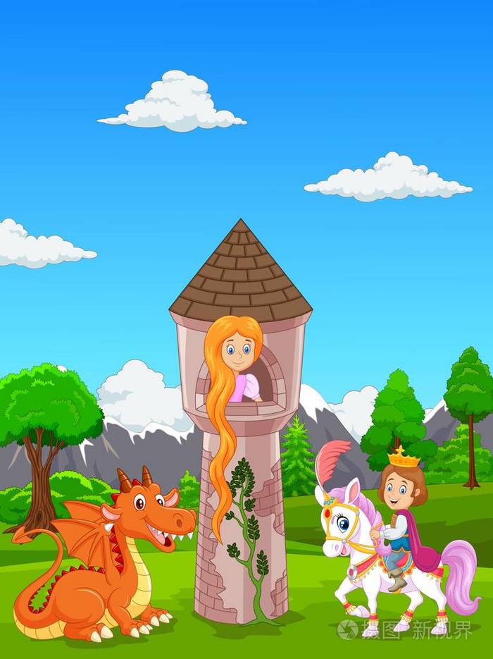 美丽的公主,在一座城堡和一位王子骑着马的长头发