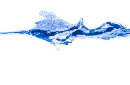 蓝色的水溅在白色背景上显示与空气，气泡运动