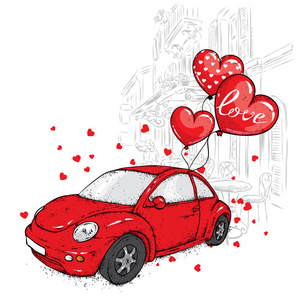 一辆小女子车, 里面有一颗心形的球。明信片或海报的矢量插图。情人节, 爱与友情图片