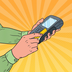 流行艺术男性手刷卡与银行终端信用卡.付款与 pos 在商店.