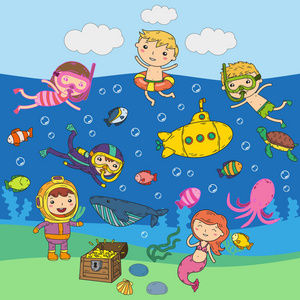 水.孩子们的水上乐园海洋和海洋探险。夏季.孩子们画画。涂鸦图像。卡通生物与儿童。男孩和女孩游泳