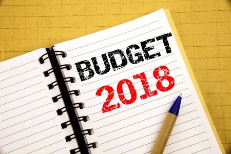 预算2018。家庭预算会计规划的商业概念写在记事本上, 用钢笔标记在旧木木背景上的空间