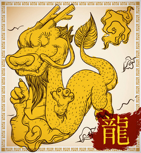 龙在手画和一笔式的中国十二生肖, 矢量插图