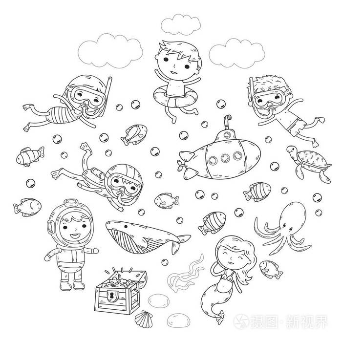 孩子们的水上乐园海洋和海洋探险.夏季.孩子们画画.涂鸦图像.
