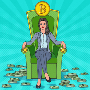 富有成功的商业妇女坐在宝座上与比特币和货币栈。加密货币市场的概念。矢量插图