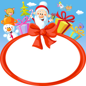 圣诞蝴蝶结框架机智圣诞老人和礼物滑稽矢量背景图