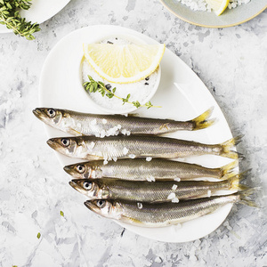 新鲜的海鱼或沙丁鱼可以用柠檬百里香迷迭香和粗海盐烹调。新鲜, 健康的海鲜的概念。顶部视图