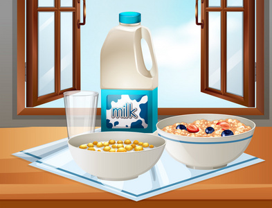 早餐奶与谷物的桌子上